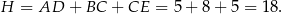H = AD + BC + CE = 5 + 8 + 5 = 18.
