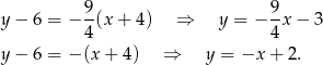 9 9 y− 6 = − --(x+ 4) ⇒ y = − -x − 3 4 4 y− 6 = − (x + 4) ⇒ y = −x + 2.