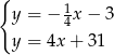 { 1 y = − 4x− 3 y = 4x + 31