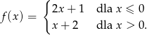 { 2x + 1 dla x ≤ 0 f (x) = x + 2 dla x > 0. 