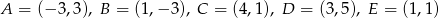 A = (− 3,3), B = (1,− 3), C = (4,1), D = (3,5), E = (1,1) 