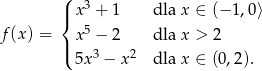 ( | x 3 + 1 dla x ∈ (− 1,0⟩ { 5 f(x ) = | x − 2 dla x > 2 ( 5x 3 − x 2 dla x ∈ (0,2).