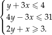 ( |{ y + 3x &le; 4 4y &minus; 3x &le; 31 |( 2y + x &ge; 3. 