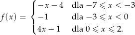  ( | &minus;x &minus; 4 dla &minus; 7 &le; x < &minus; 3 { f(x ) = | &minus; 1 dla &minus; 3 &le; x < 0 ( 4x &minus; 1 dla 0 &le; x &le; 2 