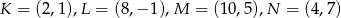 K = (2,1),L = (8,&minus; 1),M = (10 ,5),N = (4,7) 