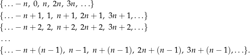 {... − n, 0, n, 2n , 3n , ...} {... − n + 1, 1, n+ 1, 2n + 1, 3n + 1,...} {... − n + 2, 2, n+ 2, 2n + 2, 3n + 2,...} ... {... − n + (n − 1), n − 1, n + (n − 1), 2n + (n − 1), 3n + (n − 1),...}. 