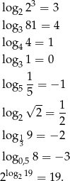 log 223 = 3 log 81 = 4 3 log 44 = 1 log 1 = 0 3 log 1-= − 1 55 √ -- 1 log 2 2 = -- 2 log 13 9 = − 2 log 8 = − 3 0,5 2log219 = 19. 