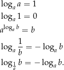 loga a = 1 loga 1 = 0 aloga b = b log 1-= − log b ab a log 1b = − lo gab. a 