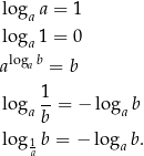 loga a = 1 log 1 = 0 logab a a = b 1 loga --= − logab b log 1a b = − lo gab. 