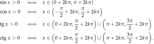 sinx > 0 ⇐ ⇒ x ∈ (0+ 2kπ,π + 2kπ ) ( ) cos x > 0 ⇐ ⇒ x ∈ − π-+ 2kπ , π-+ 2kπ 2 2 ( ) ( π ) 3π tgx > 0 ⇐ ⇒ x ∈ 0 + 2kπ ,2-+ 2kπ ∪ π + 2kπ ,-2-+ 2kπ ( ) ( ) π- 3π- ctgx > 0 ⇐ ⇒ x ∈ 0 + 2kπ ,2 + 2kπ ∪ π + 2kπ , 2 + 2kπ . 