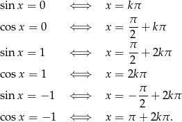 sin x = 0 ⇐ ⇒ x = kπ co sx = 0 ⇐ ⇒ x = π-+ kπ 2 sin x = 1 ⇐ ⇒ x = π-+ 2kπ 2 co sx = 1 ⇐ ⇒ x = 2k π sin x = − 1 ⇐ ⇒ x = − π- + 2kπ 2 co sx = − 1 ⇐ ⇒ x = π + 2kπ . 