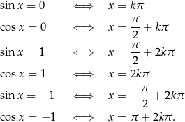 sinx = 0 ⇐ ⇒ x = kπ cos x = 0 ⇐ ⇒ x = π-+ kπ 2 sinx = 1 ⇐ ⇒ x = π-+ 2kπ 2 cos x = 1 ⇐ ⇒ x = 2kπ sinx = − 1 ⇐ ⇒ x = − π-+ 2k π 2 cos x = − 1 ⇐ ⇒ x = π + 2kπ . 