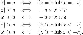 |x| = a ⇐ ⇒ (x = a lub x = −a ) |x| < a ⇐ ⇒ − a < x < a |x| ≤ a ⇐ ⇒ − a ≤ x ≤ a |x| > a ⇐ ⇒ (x > a lub x < −a ) |x| ≥ a ⇐ ⇒ (x ≥ a lub x ≤ −a ), 