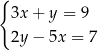 { 3x + y = 9 2y − 5x = 7 
