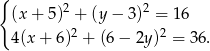 { 2 2 (x + 5) + (y − 3) = 16 4(x + 6 )2 + (6 − 2y )2 = 36. 