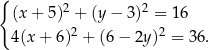 { (x + 5)2 + (y − 3)2 = 16 4(x + 6)2 + (6 − 2y)2 = 3 6. 