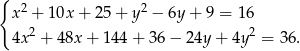 { x2 + 10x + 2 5+ y2 − 6y+ 9 = 16 4x 2 + 48x + 144 + 36 − 24y + 4y 2 = 36. 