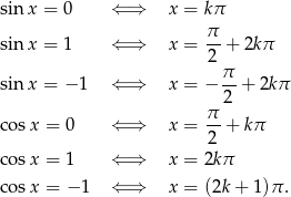 sin x = 0 ⇐ ⇒ x = kπ π sin x = 1 ⇐ ⇒ x = --+ 2kπ 2π sin x = − 1 ⇐ ⇒ x = − -- + 2kπ 2 co sx = 0 ⇐ ⇒ x = π-+ kπ 2 co sx = 1 ⇐ ⇒ x = 2k π co sx = − 1 ⇐ ⇒ x = (2k + 1)π . 