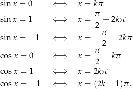 sinx = 0 ⇐ ⇒ x = kπ π sinx = 1 ⇐ ⇒ x = --+ 2kπ 2 sinx = − 1 ⇐ ⇒ x = − π-+ 2k π 2 π- cos x = 0 ⇐ ⇒ x = 2 + kπ cos x = 1 ⇐ ⇒ x = 2kπ cos x = − 1 ⇐ ⇒ x = (2k+ 1)π. 