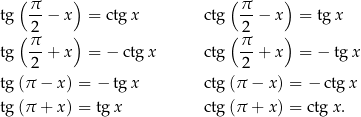  (π ) (π ) tg -- − x = ctgx ctg -- − x = tgx ( 2 ) ( 2 ) tg π- + x = − ctg x ctg π- + x = − tg x 2 2 tg (π − x) = − tgx ctg (π − x ) = − ctgx tg (π + x) = tg x ctg (π + x ) = ctg x. 