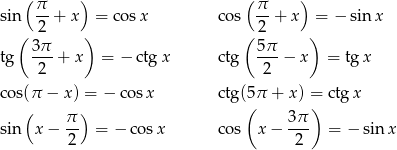  ( ) ( ) sin π-+ x = cosx cos π-+ x = − sinx 2 2 ( 3 π ) ( 5π ) tg --- + x = − ctg x ctg --- − x = tg x 2 2 cos(π − x) = − co sx ctg(5π + x ) = ctgx ( ) ( ) sin x− π- = − cosx cos x − 3-π = − sin x 2 2 