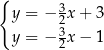 { 3 y = − 2x + 3 y = − 32x − 1 