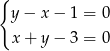 { y − x − 1 = 0 x + y − 3 = 0 