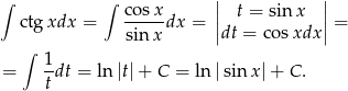∫ ∫ | | cos-x || t = sinx || ctgxdx = sinx dx = |dt = cos xdx| = ∫ = 1dt = ln |t| + C = ln |sin x|+ C . t 