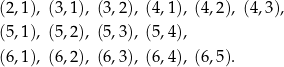 (2,1), (3,1), (3,2), (4 ,1), (4,2), (4,3), (5,1), (5,2), (5,3), (5 ,4), (6,1), (6,2), (6,3), (6 ,4), (6,5). 