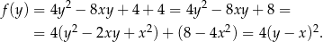 f (y) = 4y2 − 8xy + 4 + 4 = 4y2 − 8xy + 8 = 2 2 2 2 = 4(y − 2xy + x )+ (8 − 4x ) = 4(y − x) . 
