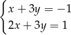 { x + 3y = − 1 2x + 3y = 1 