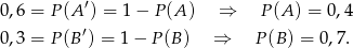 0,6 = P (A′) = 1 − P (A) ⇒ P(A ) = 0,4 0,3 = P (B′) = 1− P(B ) ⇒ P(B ) = 0,7. 