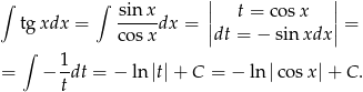 ∫ ∫ sin x || || tg xdx = -----dx = | t = cos x |= co sx |dt = − sin xdx | ∫ 1 = − --dt = − ln|t|+ C = − ln |cos x|+ C . t 