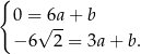 { 0 = 6a + b √ -- −6 2 = 3a + b. 