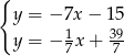 { y = − 7x − 1 5 y = − 1 x+ 39 7 7 