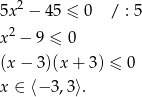  2 5x − 4 5 ≤ 0 / : 5 x2 − 9 ≤ 0 (x − 3)(x + 3 ) ≤ 0 x ∈ ⟨− 3,3 ⟩. 