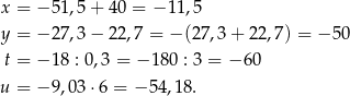 x = − 5 1,5+ 40 = − 11,5 y = − 2 7,3− 22,7 = − (27,3 + 22,7 ) = − 50 t = − 1 8 : 0,3 = − 180 : 3 = −6 0 u = − 9 ,0 3⋅6 = − 54,18. 