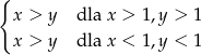 { x > y dla x > 1,y > 1 x > y dla x < 1,y < 1 