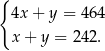 { 4x + y = 464 x + y = 242. 