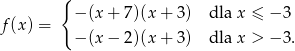  { f(x) = − (x+ 7)(x+ 3) dla x ≤ − 3 − (x− 2)(x+ 3) dla x > − 3. 