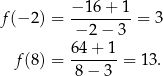  −-1-6+-1- f(− 2) = − 2 − 3 = 3 f(8) = 6-4+--1 = 13. 8 − 3 