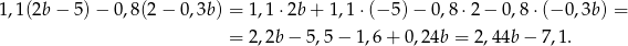 1,1(2b − 5) − 0,8(2 − 0,3b ) = 1,1⋅ 2b+ 1,1⋅(− 5) − 0,8 ⋅2 − 0,8 ⋅(− 0,3b) = = 2,2b− 5,5 − 1,6 + 0,24b = 2,44b − 7,1. 