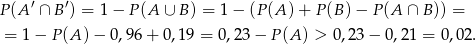  ′ ′ P(A ∩ B ) = 1− P(A ∪ B ) = 1 − (P (A) + P (B) − P(A ∩ B)) = = 1 − P (A) − 0,96 + 0,1 9 = 0,23 − P (A) > 0,23− 0,21 = 0,02 . 