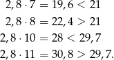  2,8⋅ 7 = 19,6 < 2 1 2,8⋅ 8 = 22,4 > 2 1 2,8⋅1 0 = 28 < 29 ,7 2,8⋅1 1 = 30,8 > 2 9,7. 