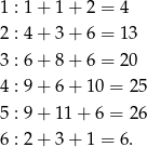 1 : 1 + 1 + 2 = 4 2 : 4 + 3 + 6 = 1 3 3 : 6 + 8 + 6 = 2 0 4 : 9 + 6 + 10 = 25 5 : 9 + 11 + 6 = 26 6 : 2 + 3 + 1 = 6 . 