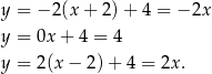 y = − 2(x + 2 )+ 4 = − 2x y = 0x + 4 = 4 y = 2(x − 2)+ 4 = 2x. 