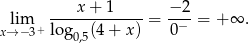  lim ----x+--1----= −-2-= +∞ . x→ −3+ lo g0,5(4 + x) 0− 