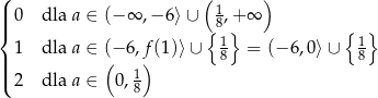( ( ) ||| 0 dla a ∈ (− ∞ ,− 6⟩∪ 18,+ ∞ { { } { } 1 dla a ∈ (− 6,f(1 )⟩∪ 18 = (− 6,0⟩∪ 18 |||( ( 1) 2 dla a ∈ 0,8 