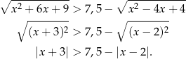 ∘ ------------ ∘ ------------ x2 + 6x + 9 > 7,5− x2 − 4x + 4 ∘ --------- ∘ --------- (x + 3)2 > 7,5− (x − 2)2 |x + 3 | > 7,5− |x − 2|. 