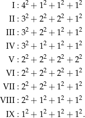  I : 42 + 12 + 12 + 12 2 2 2 2 II : 3 + 2 + 2 + 1 III : 32 + 22 + 12 + 12 IV : 32 + 12 + 12 + 12 2 2 2 2 V : 2 + 2 + 2 + 2 VI : 22 + 22 + 22 + 12 2 2 2 2 VII : 2 + 2 + 1 + 1 VIII : 22 + 12 + 12 + 12 IX : 12 + 12 + 12 + 12. 